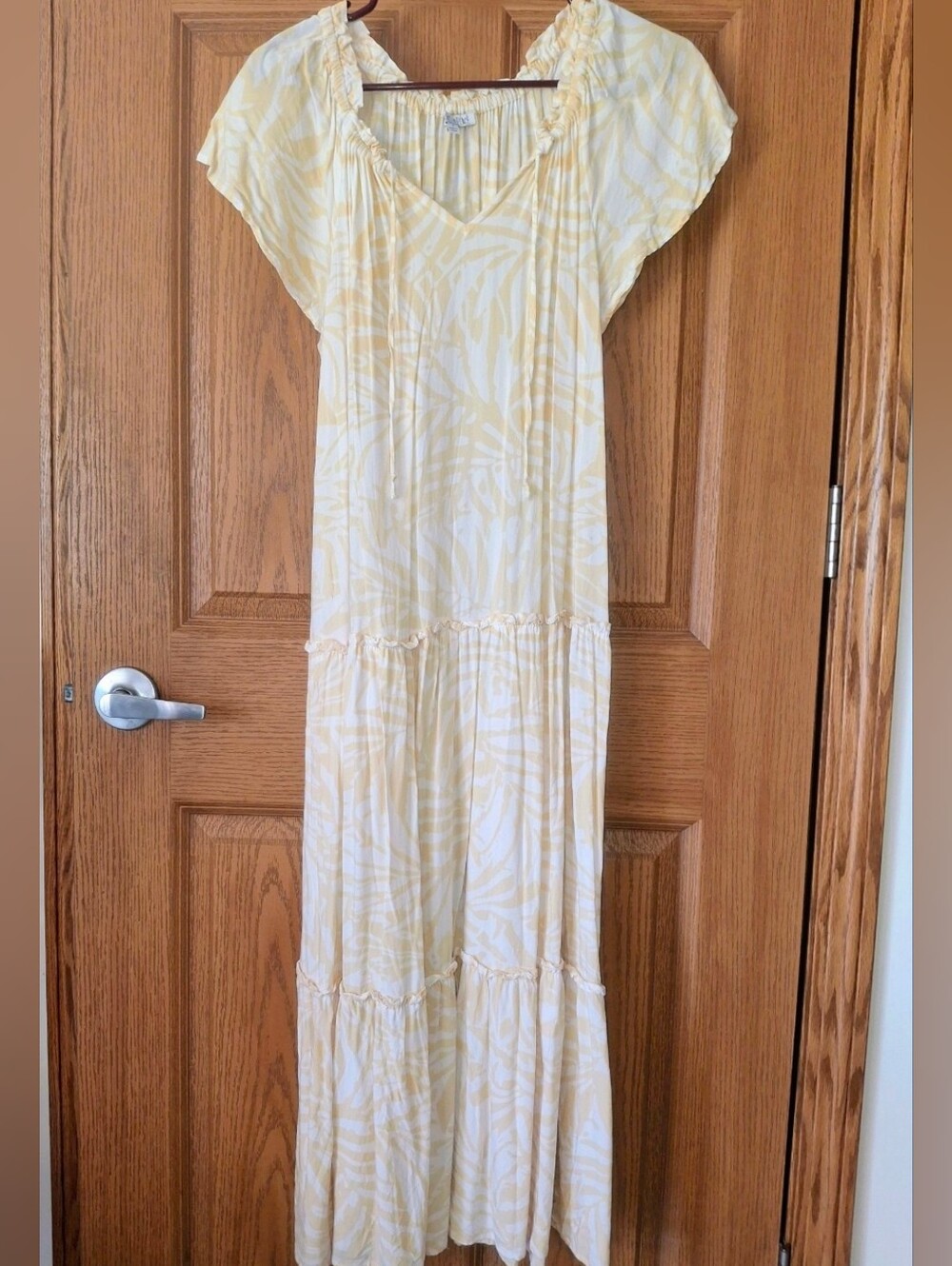 Patrons of Peace” Yellow & White Palm/Tropical Print Peasant Dress